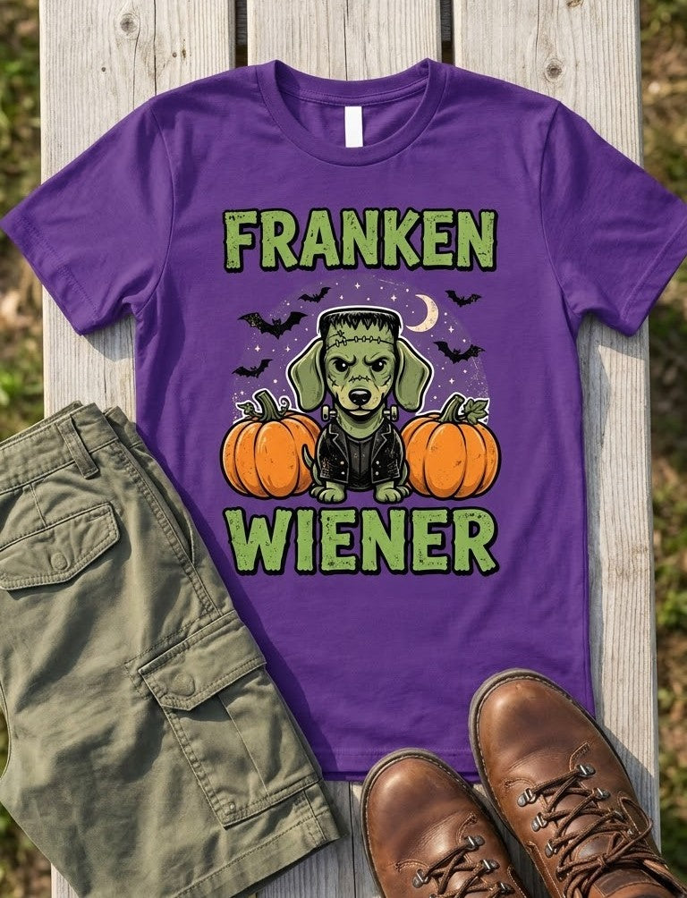 Franken Wiener Halloween dachshund tee in Team Purple