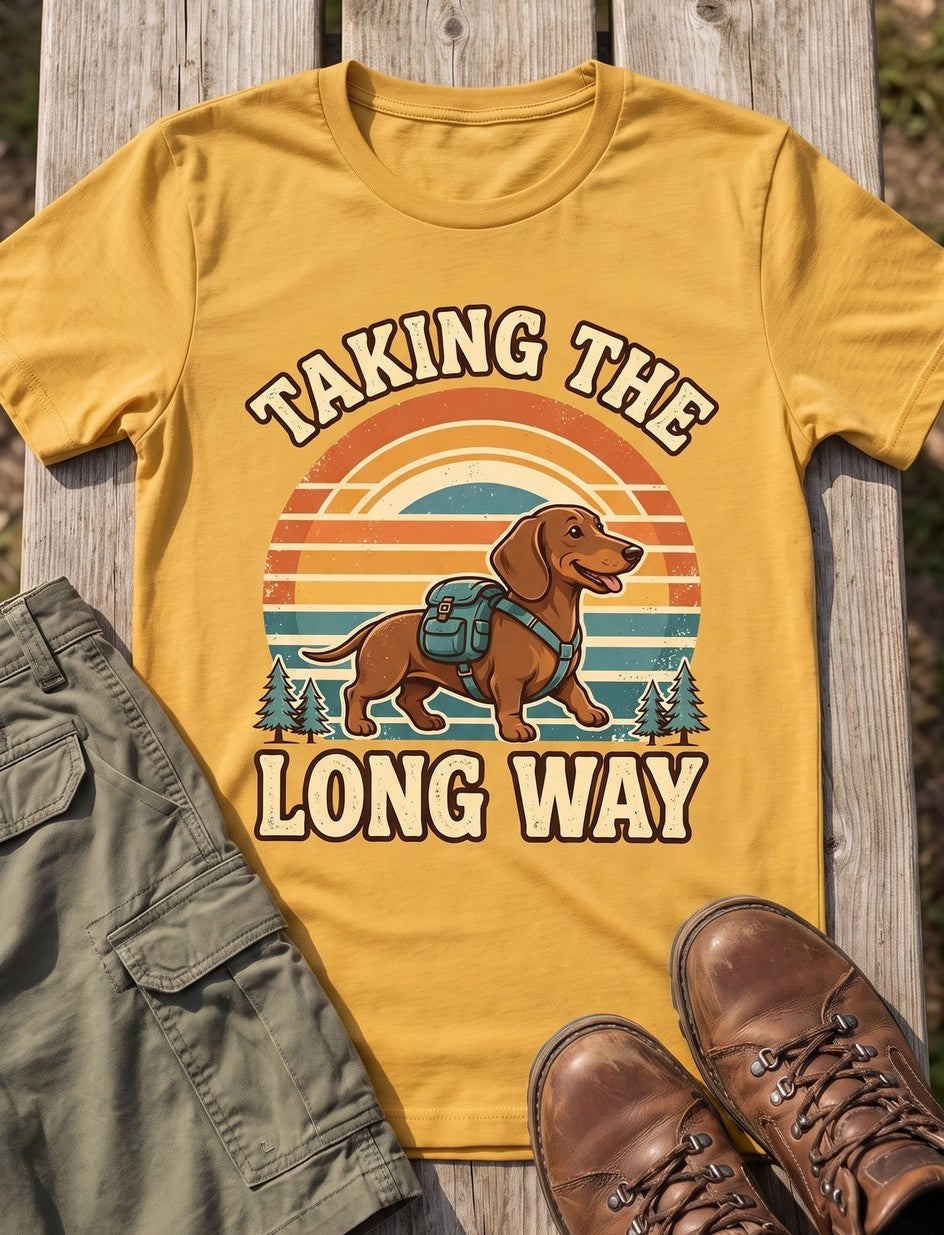 Taking The Long Way dachshund tee in Mustard