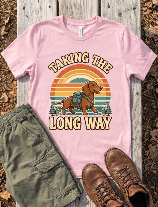 Taking The Long Way dachshund tee in Soft Pink