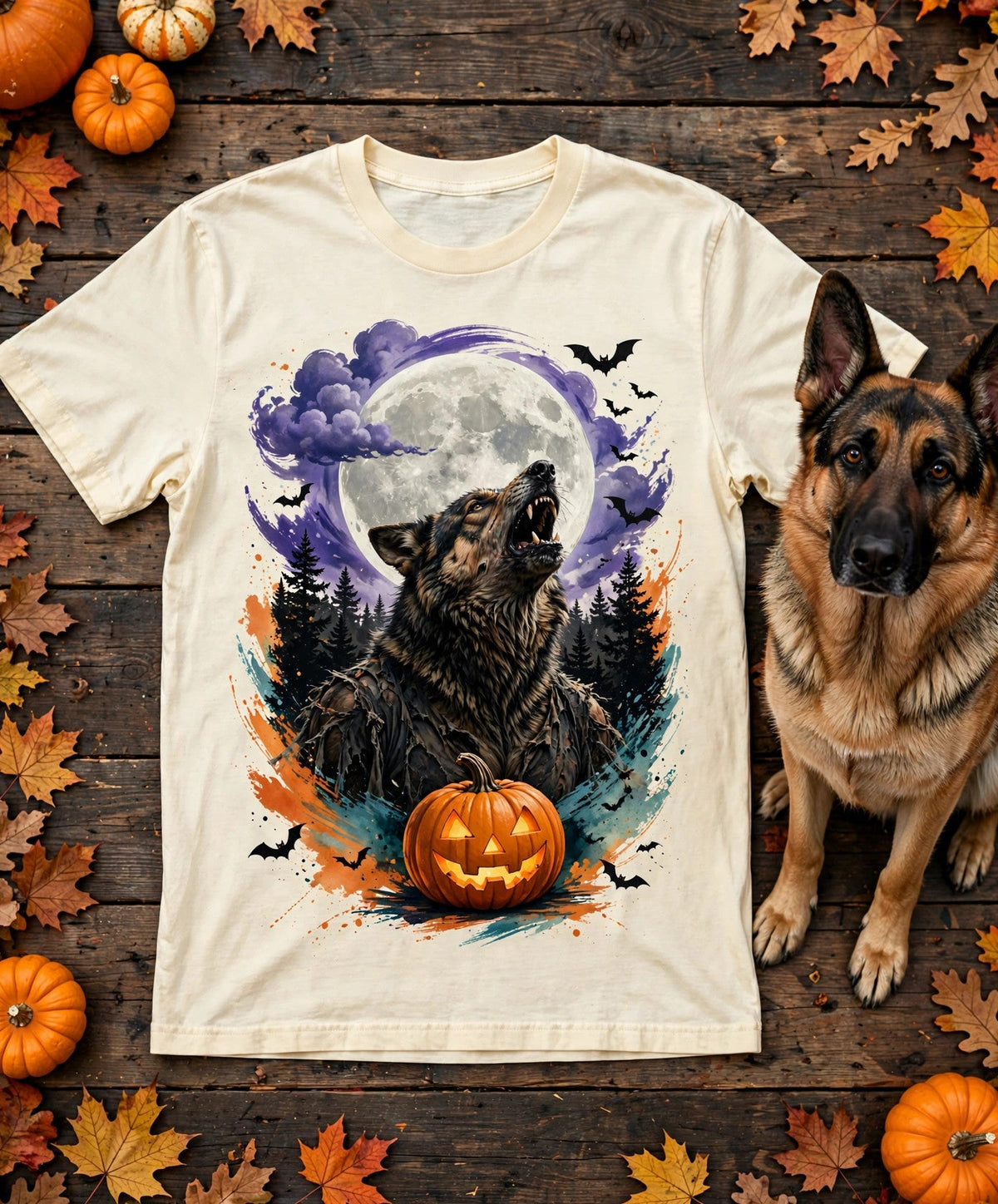 German Shepherd Werewolf Halloween Tee in Butter
