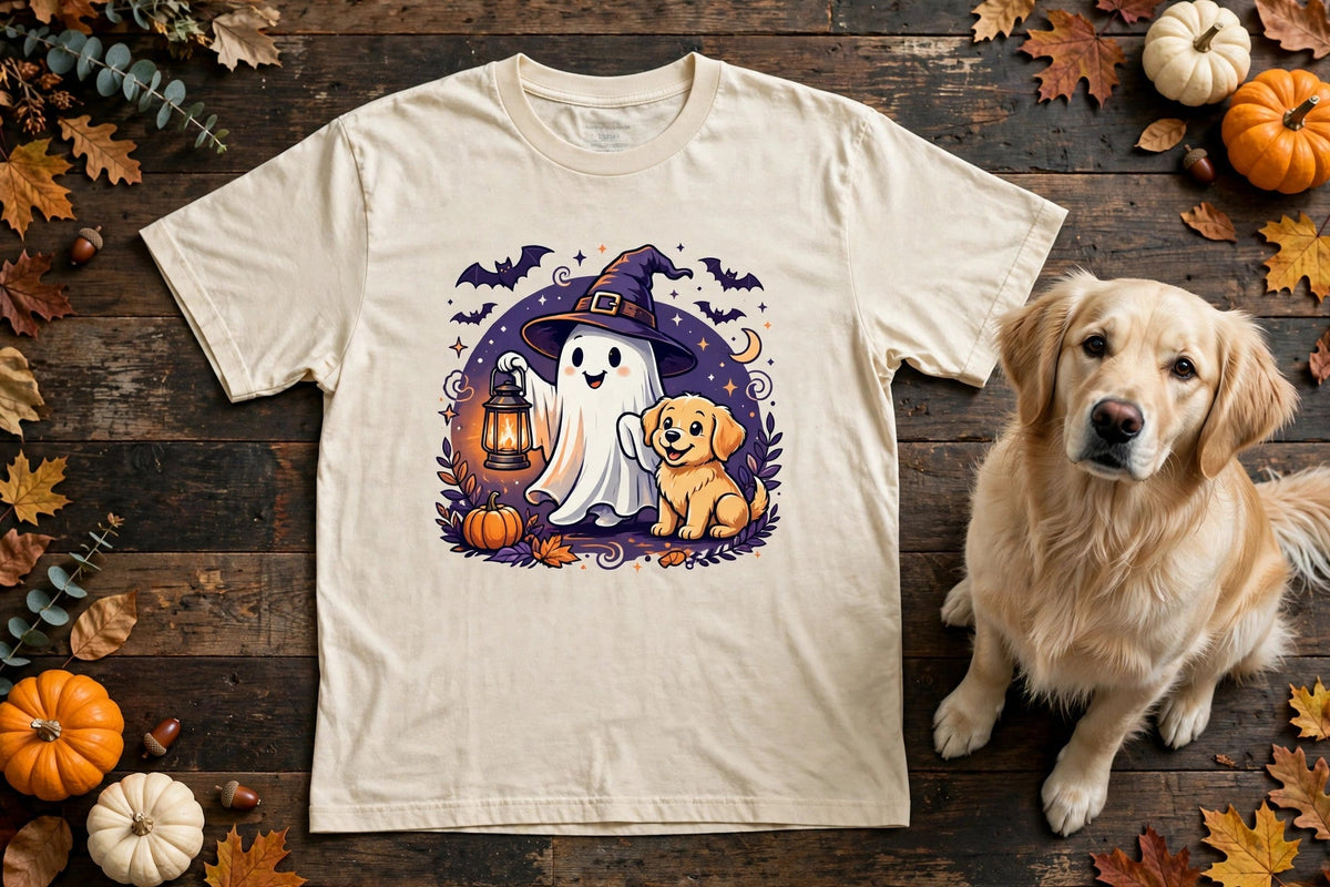 Golden Retriever Spooky Ghost Halloween Tee in Butter