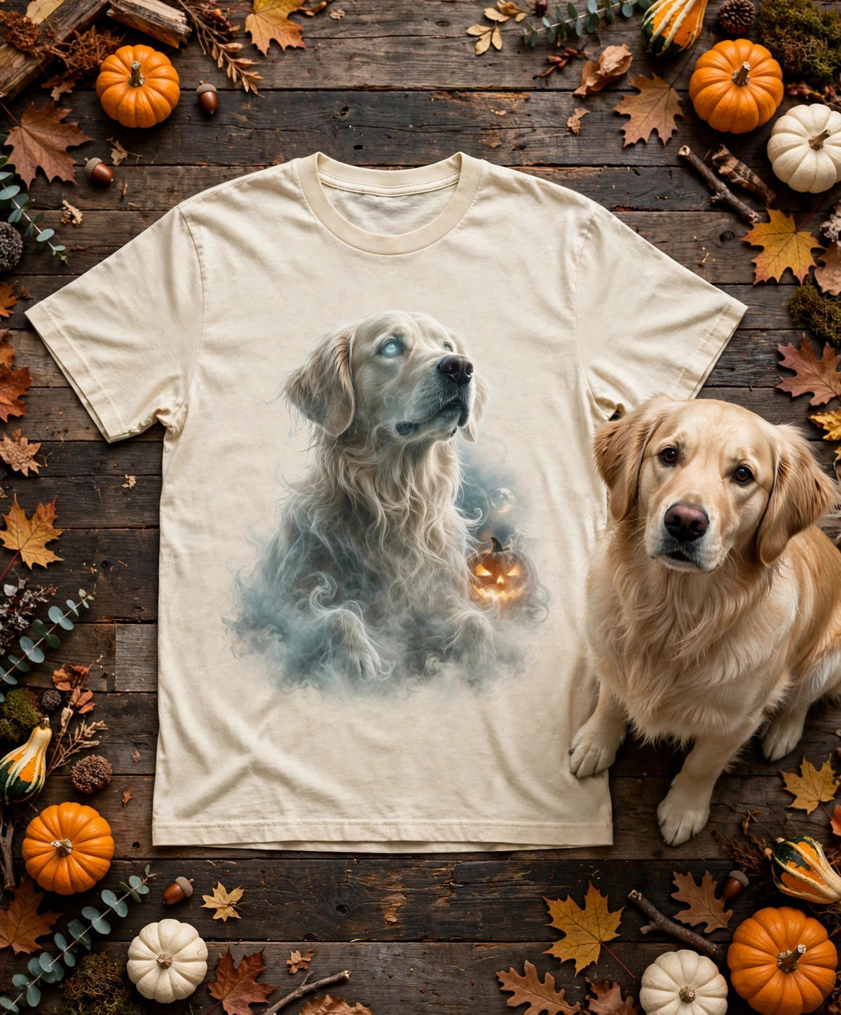 Golden Retriever Spooky Ghost Halloween Tee — Comfort Colors fabric detail