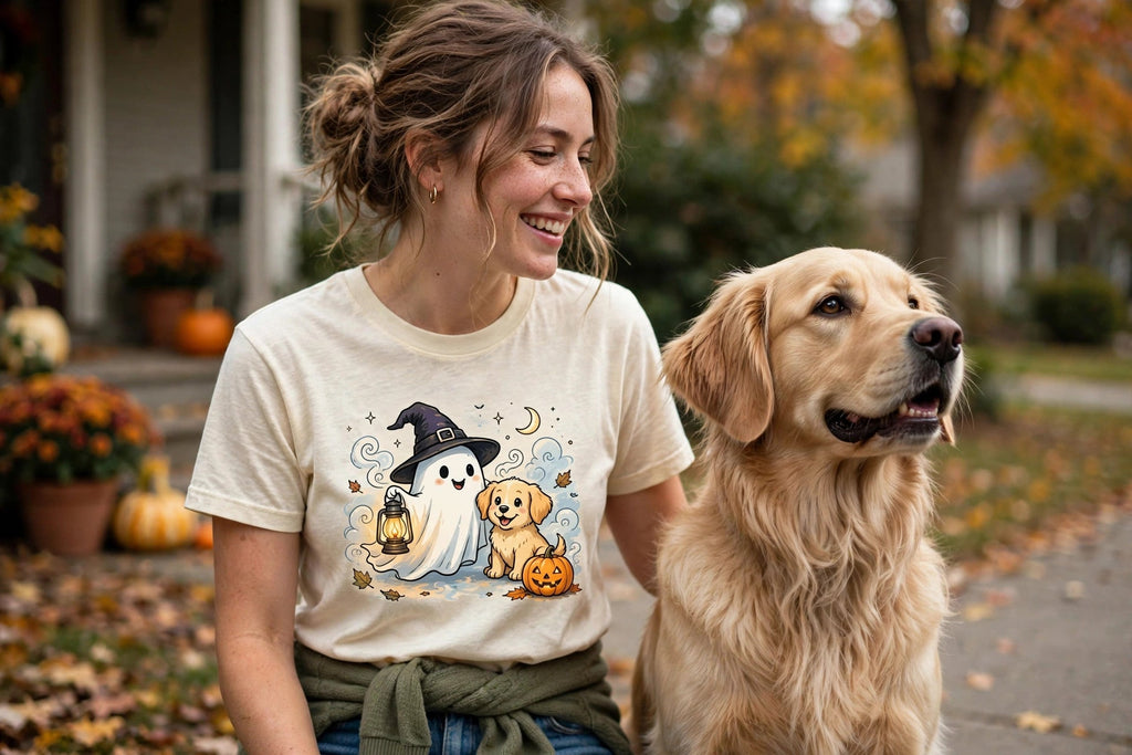 Worn by her — Golden Retriever Spooky Ghost Halloween Tee