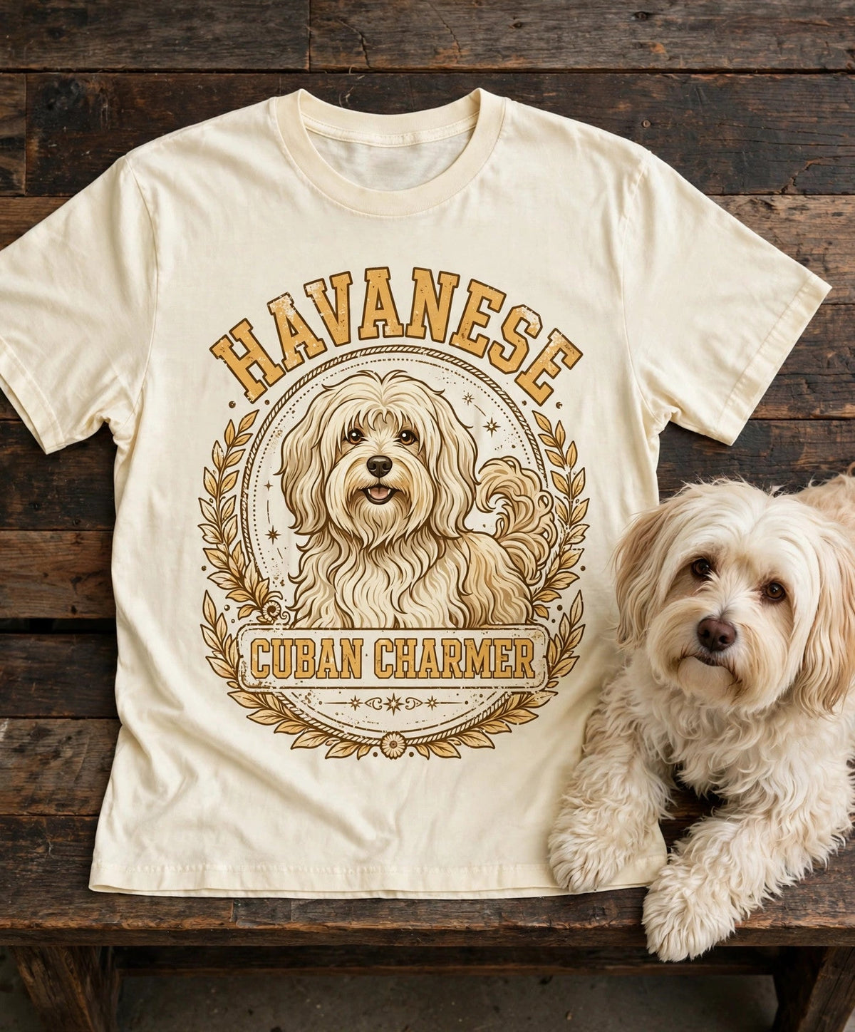 'Cuban Charmer' Havanese T-Shirt in Butter