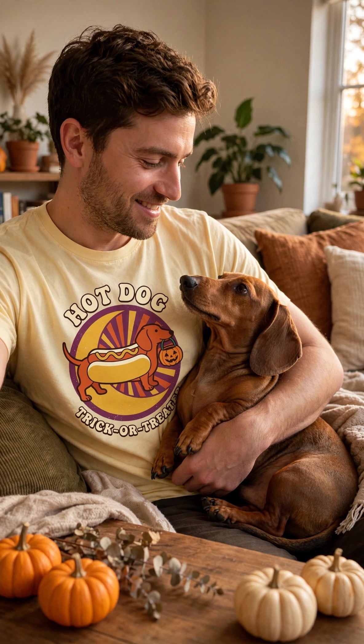 Dachshund Hot Dog Trick-or-Treater Halloween Tee - Lifestyle