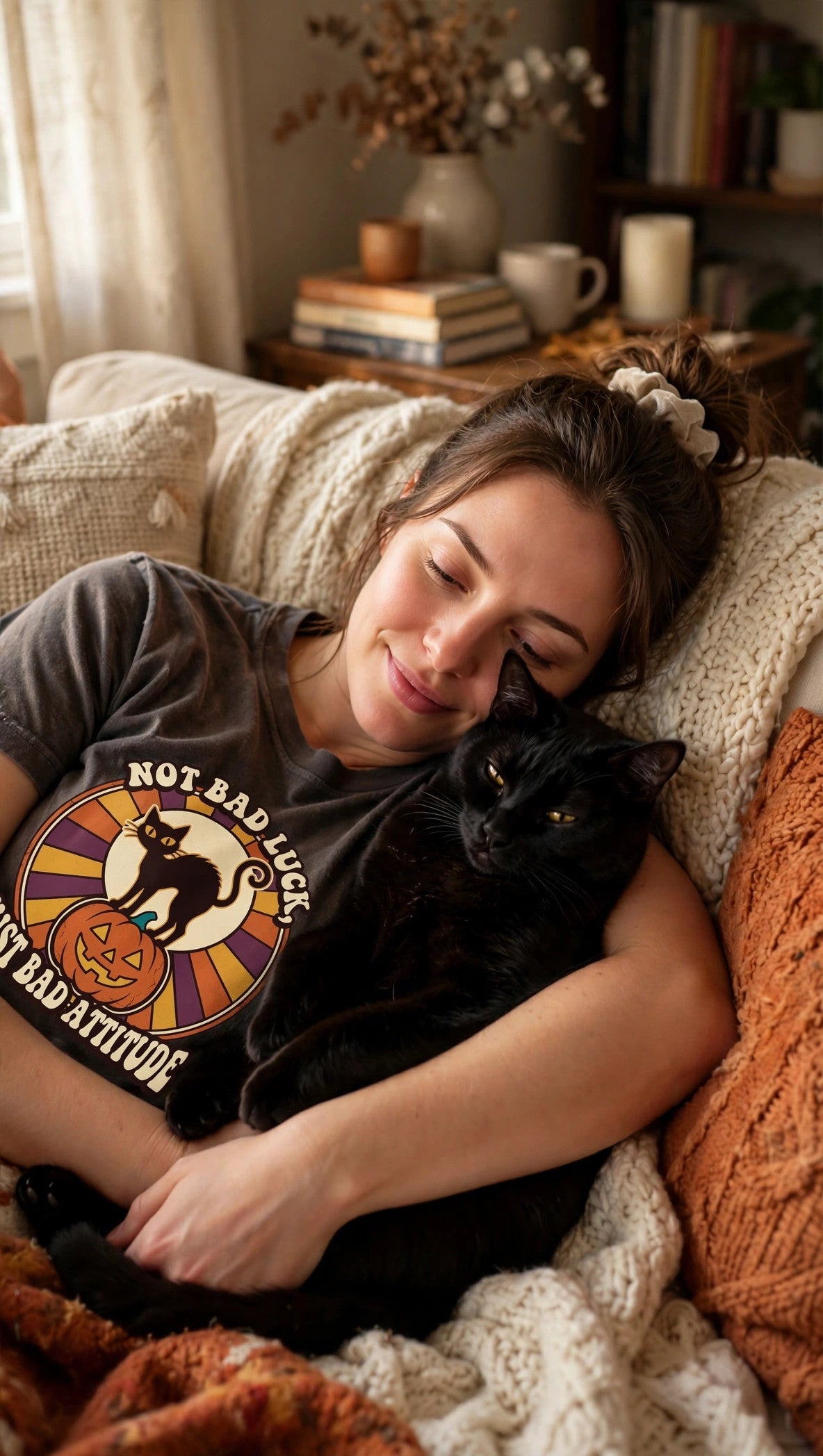 Black Cat Not Bad Luck Just Bad Attitude Halloween Tee - Lifestyle