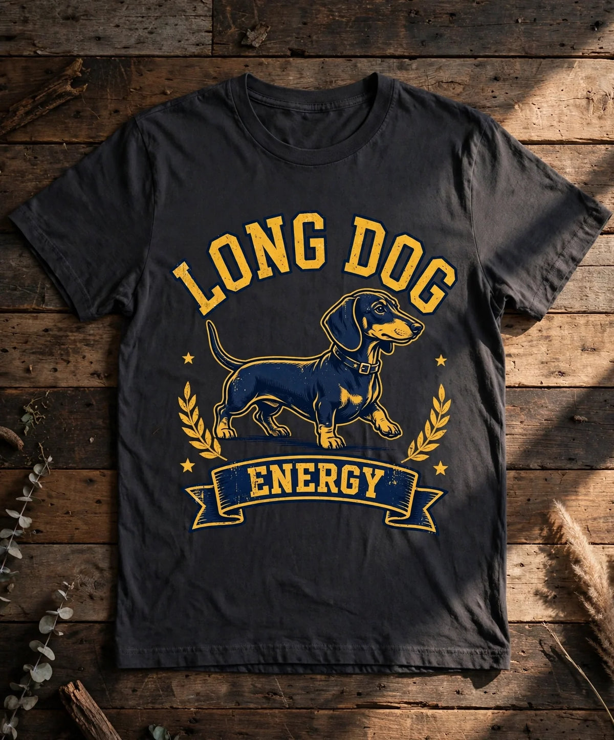 Long Dog Energy Dachshund Tee - Pepper flat lay