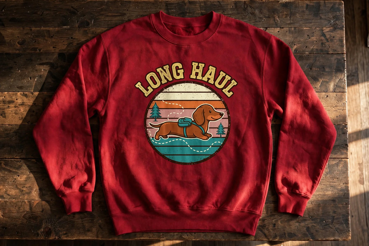 Dachshund Long Haul Sweatshirt — Retro Sunset Trail Badge