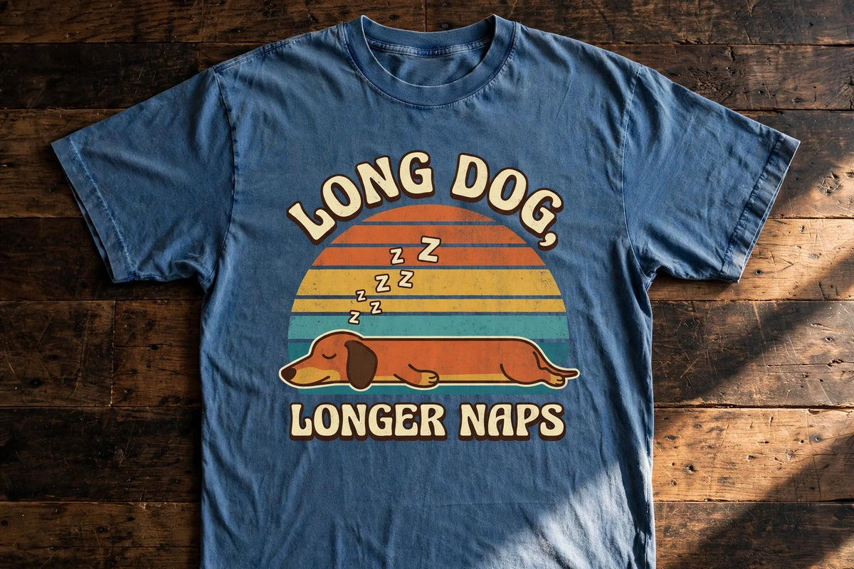 Long Dog, Longer Naps Dachshund Tee - Blue Jean flat lay