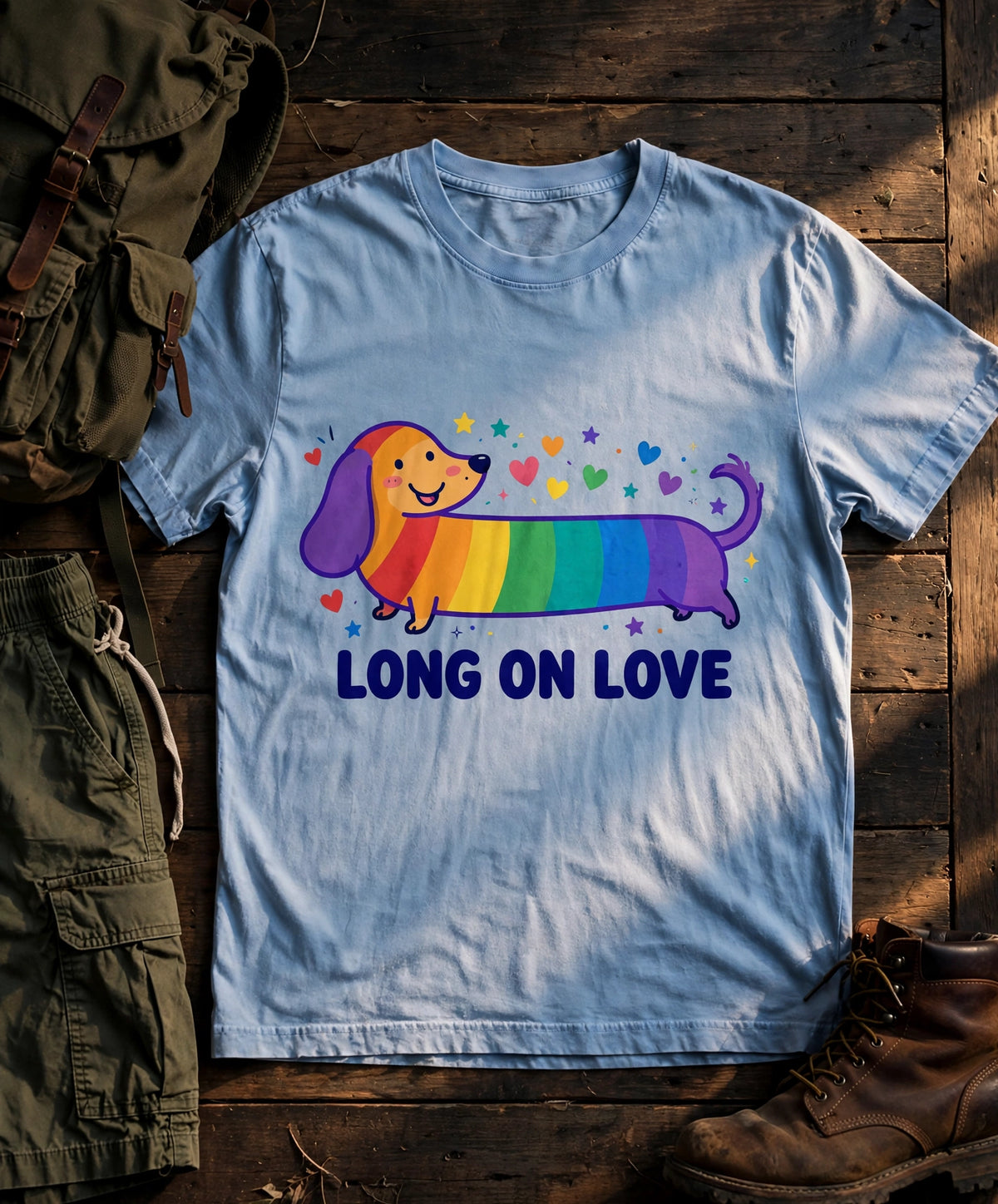Long On Love rainbow dachshund tee in Baby Blue