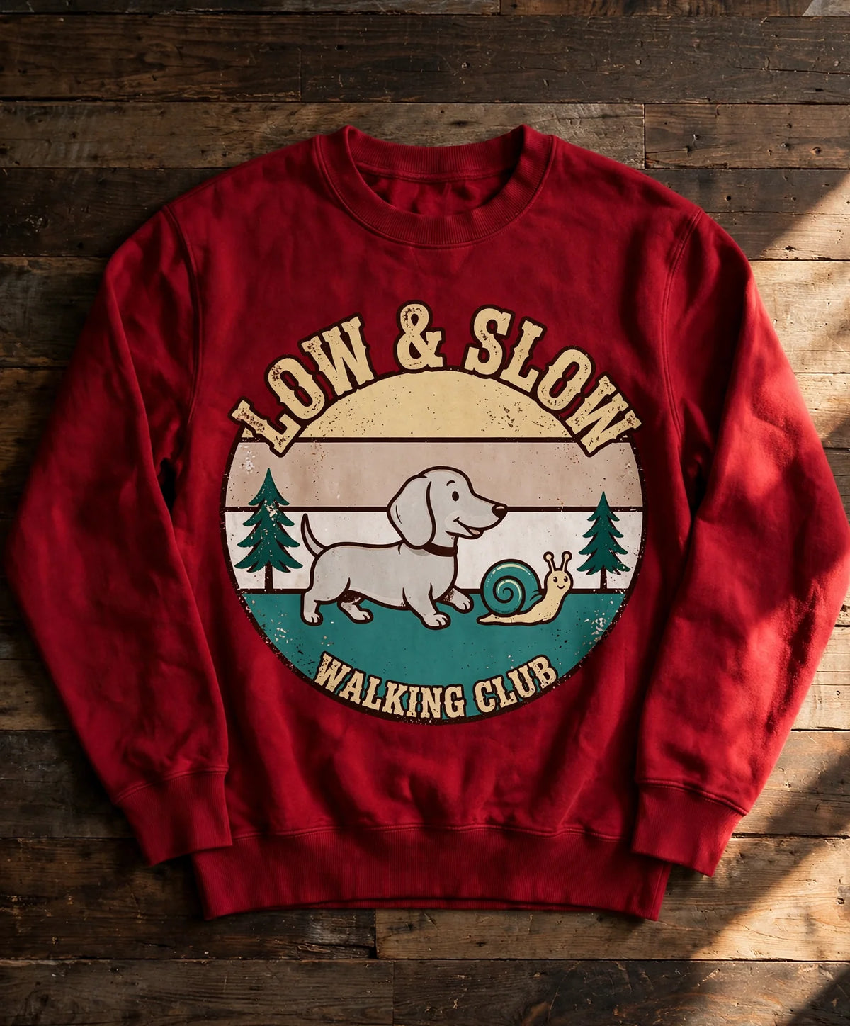 Dachshund Low & Slow Walking Club Sweatshirt — Retro Sunset Badge