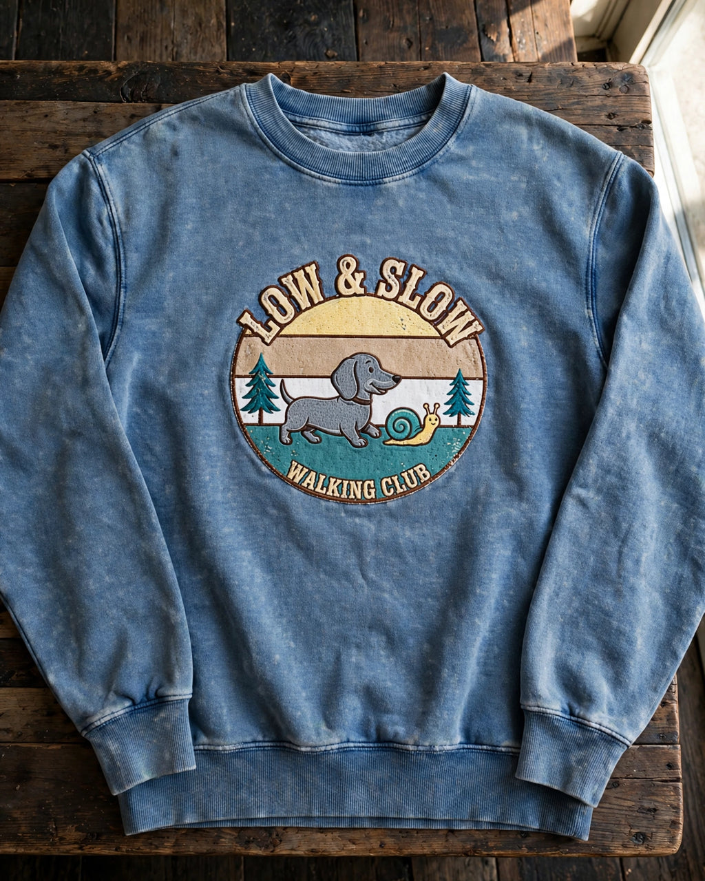 'Low & Slow Walking Club Sweatshirt — Retro Sunset Badge' Dachshund Sweatshirt — alternate view