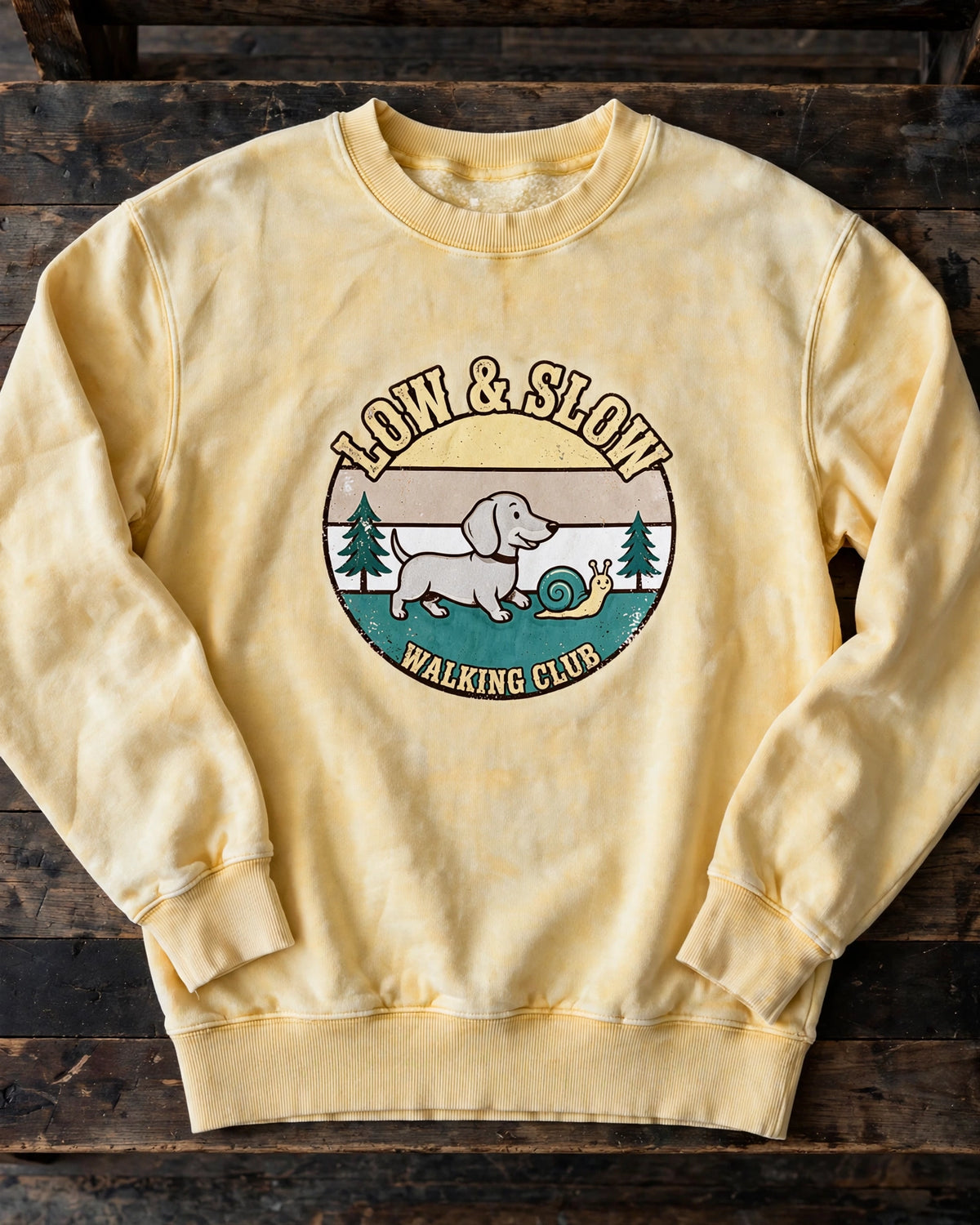 Dachshund Low & Slow Walking Club Sweatshirt — Retro Sunset Badge — Comfort Colors fabric detail