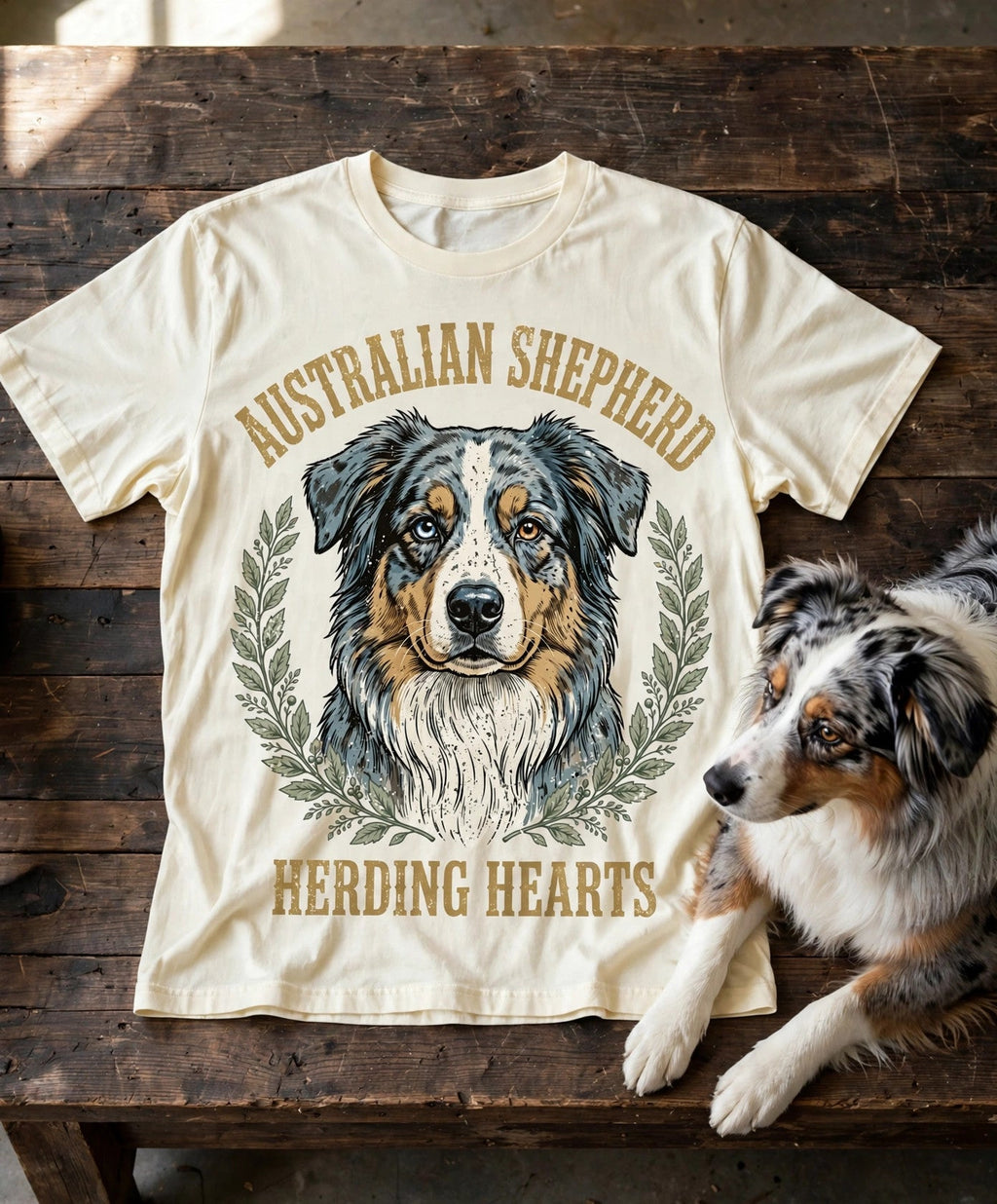'Herding Hearts' Australian Shepherd T-Shirt in Butter