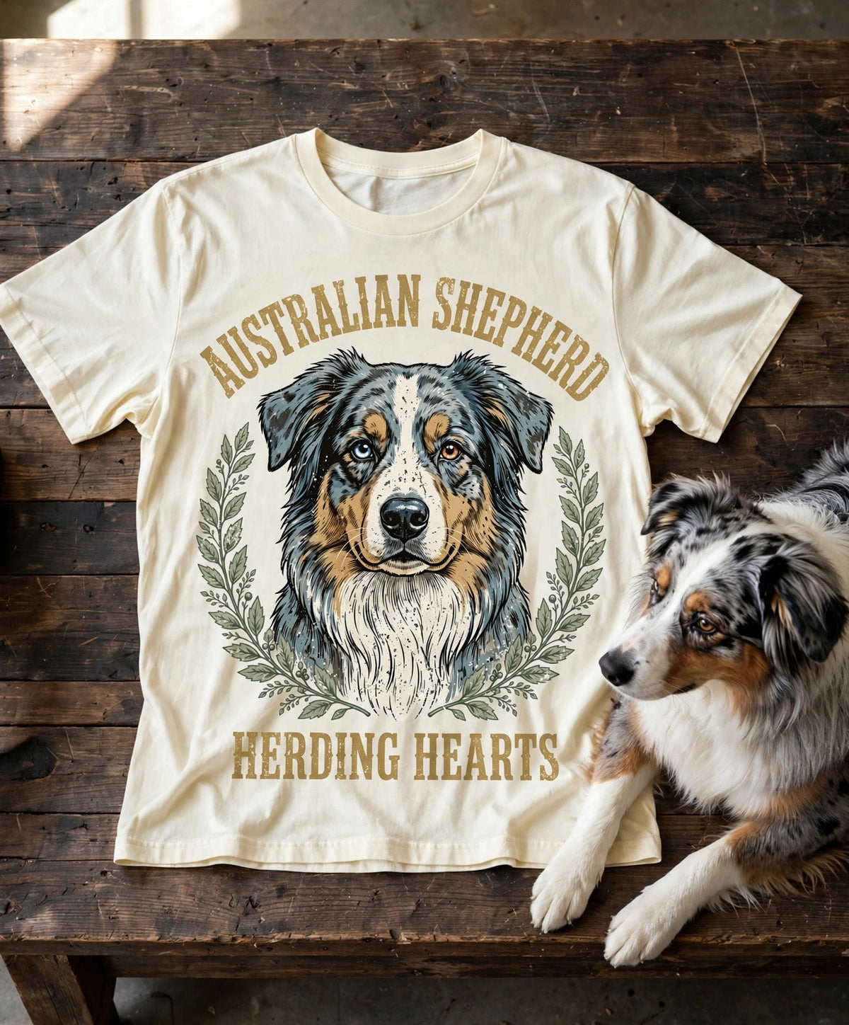 Herding Hearts Australian Shepherd Tee in Butter