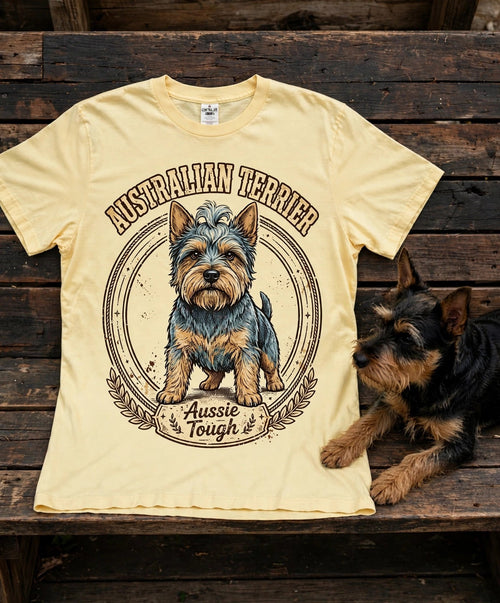 'Aussie Tough' Australian Terrier T-Shirt in Butter