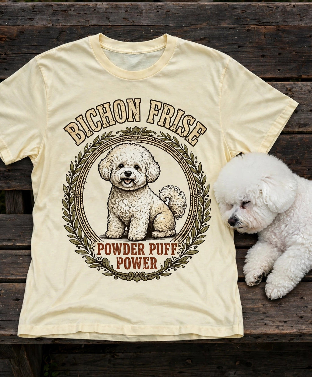 'Powder Puff Power' Bichon Frise T-Shirt in Butter