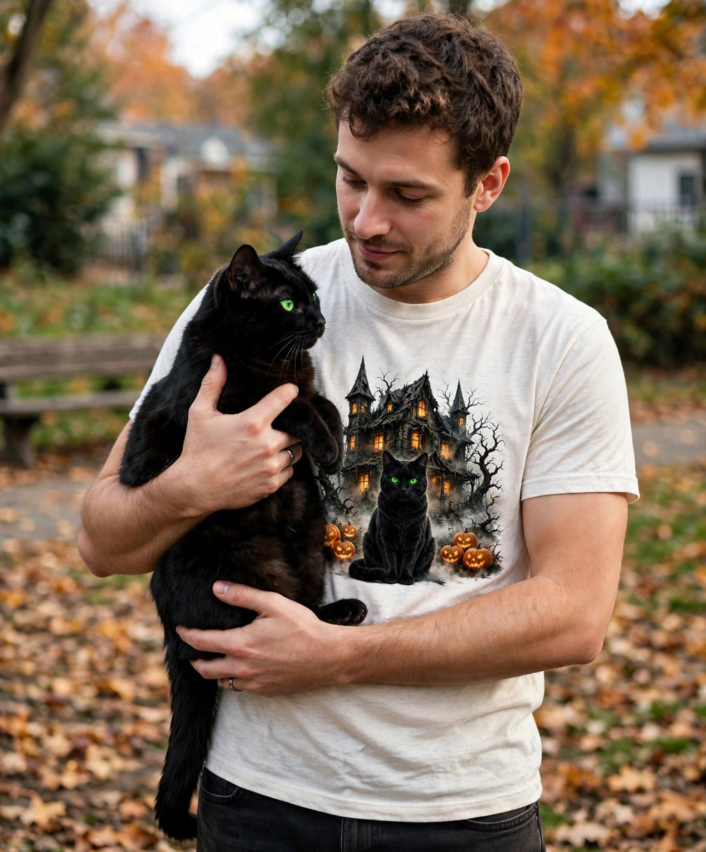 Worn by him — Black Cat Haunted Halloween Tee