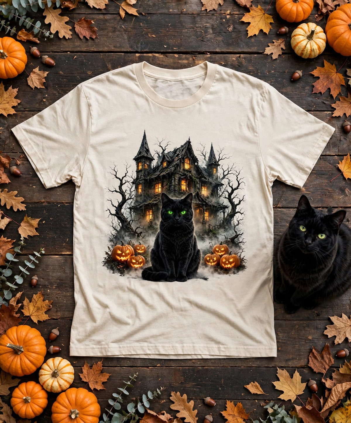 Black Cat Haunted Halloween Tee — Comfort Colors fabric detail