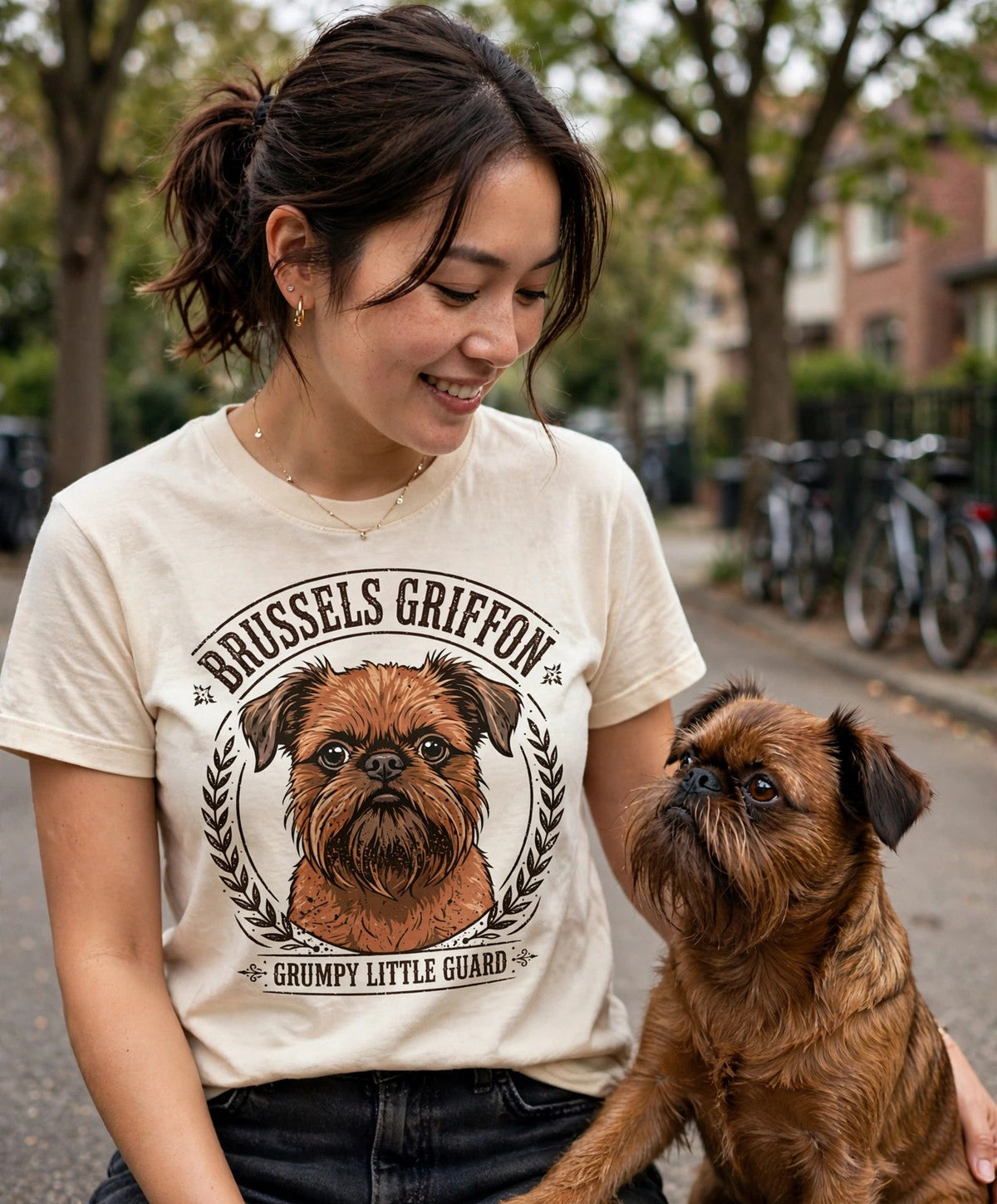 'Grumpy Little Guard' Brussels Griffon T-Shirt in Butter