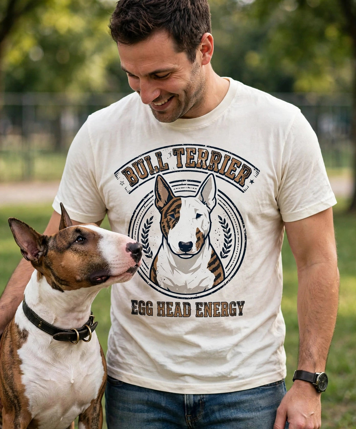 Bull Terrier Egg Head Energy Tee — Comfort Colors fabric detail