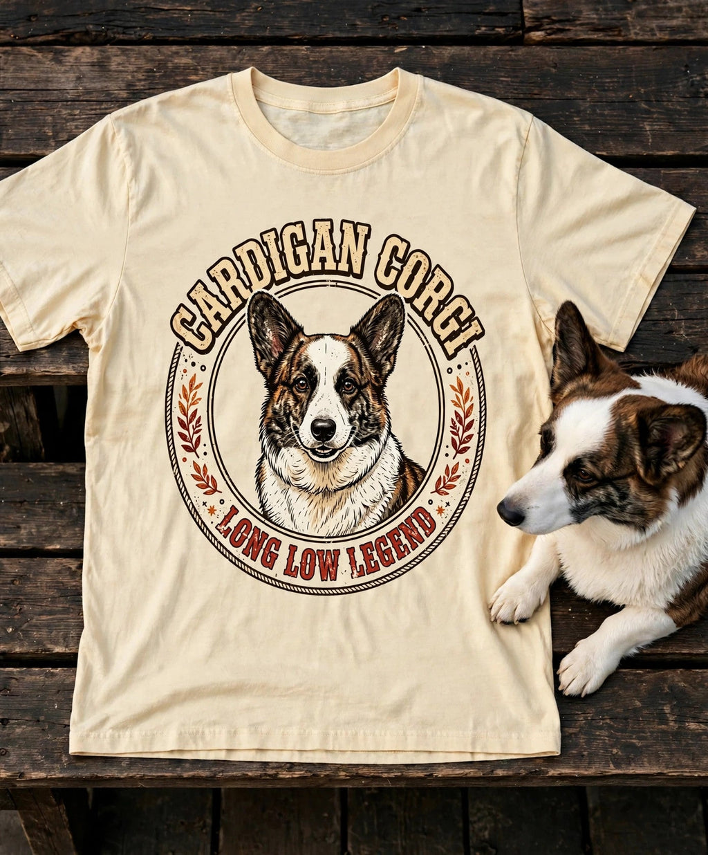 'Corgi Long Low Legend Cardigan' Cardigan Welsh Corgi T-Shirt in Butter