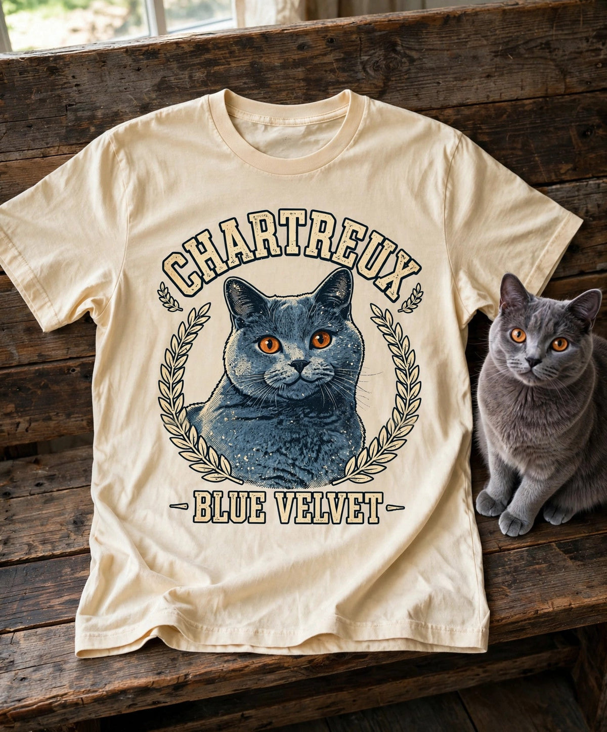 'Blue Velvet' Chartreux Cat T-Shirt in Butter