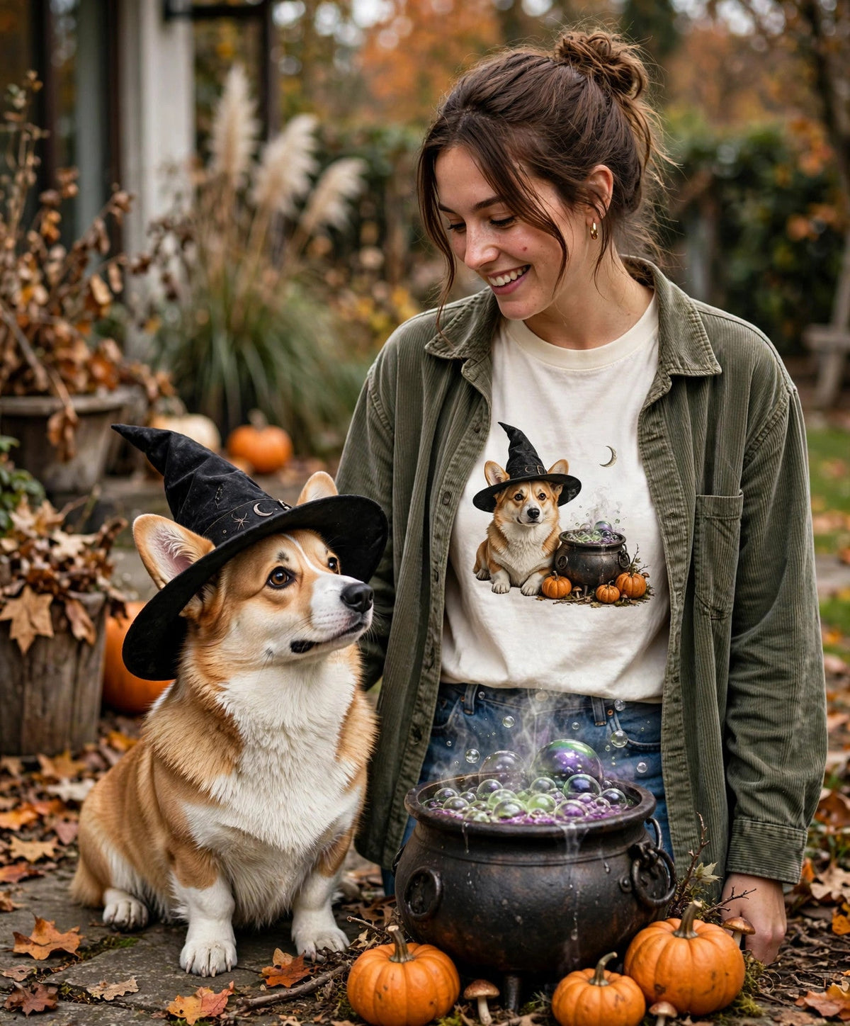 Worn by her — Corgi Witch Pup Halloween Tee