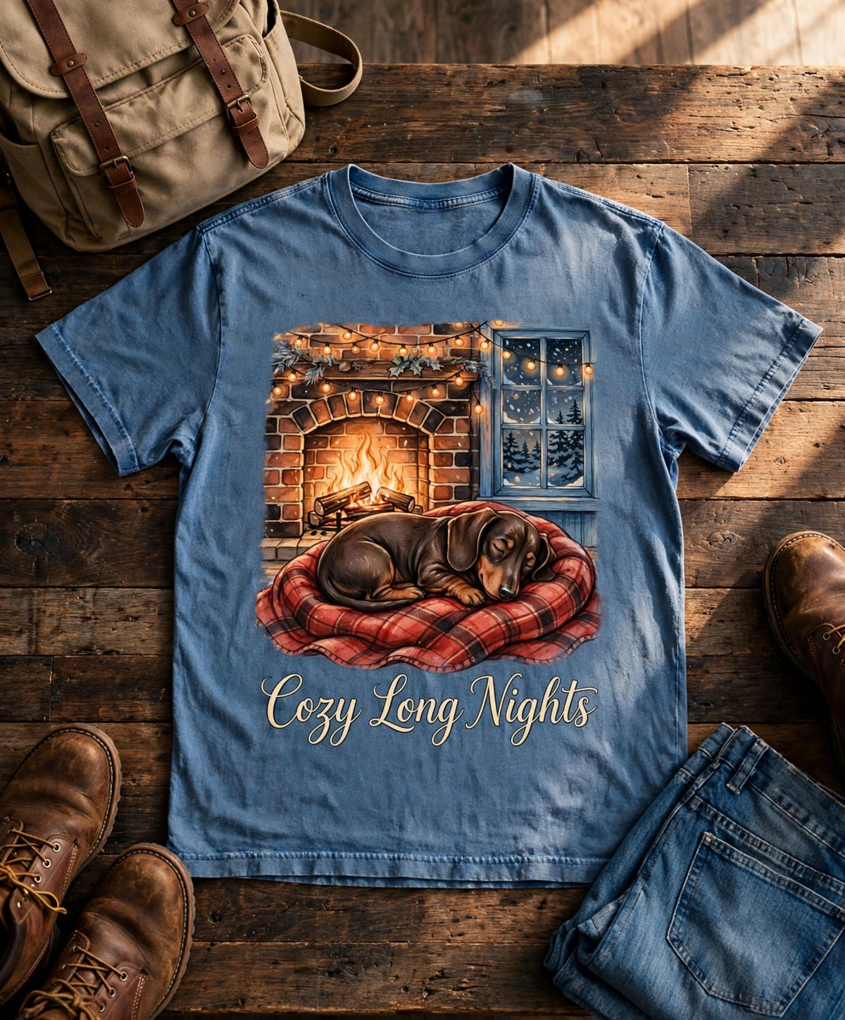 Cozy Long Nights Dachshund Tee - Blue Jean flat lay