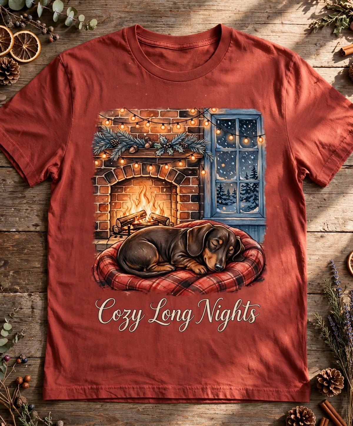 Cozy Long Nights Dachshund Tee - Brick flat lay