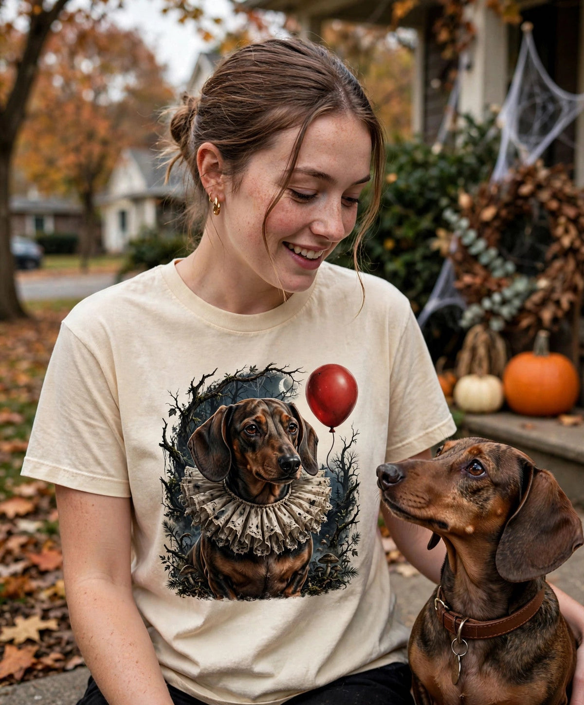 Worn by her — Dachshund Creepy Clown Halloween Tee