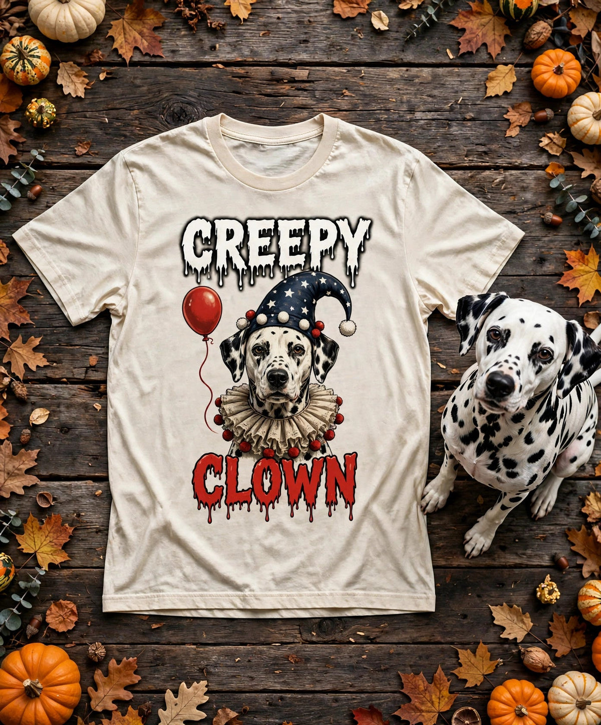 Dalmatian Creepy Clown Halloween Tee in Butter