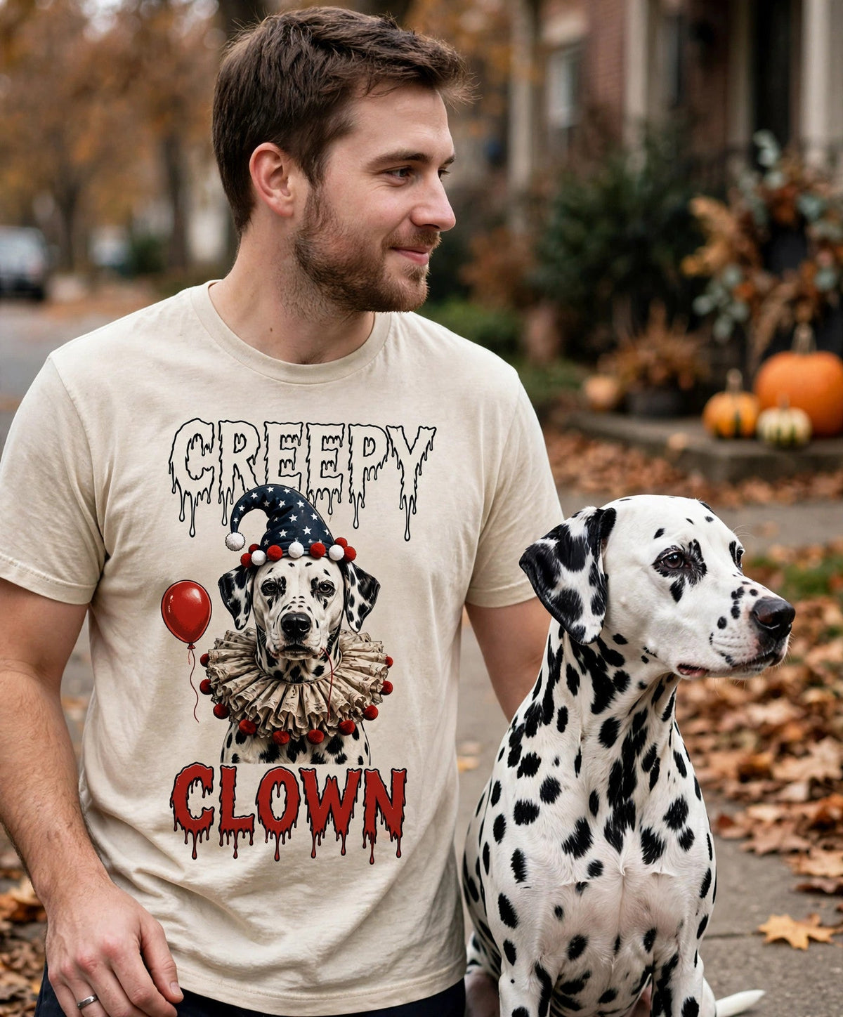 Worn by him — Dalmatian Creepy Clown Halloween Tee