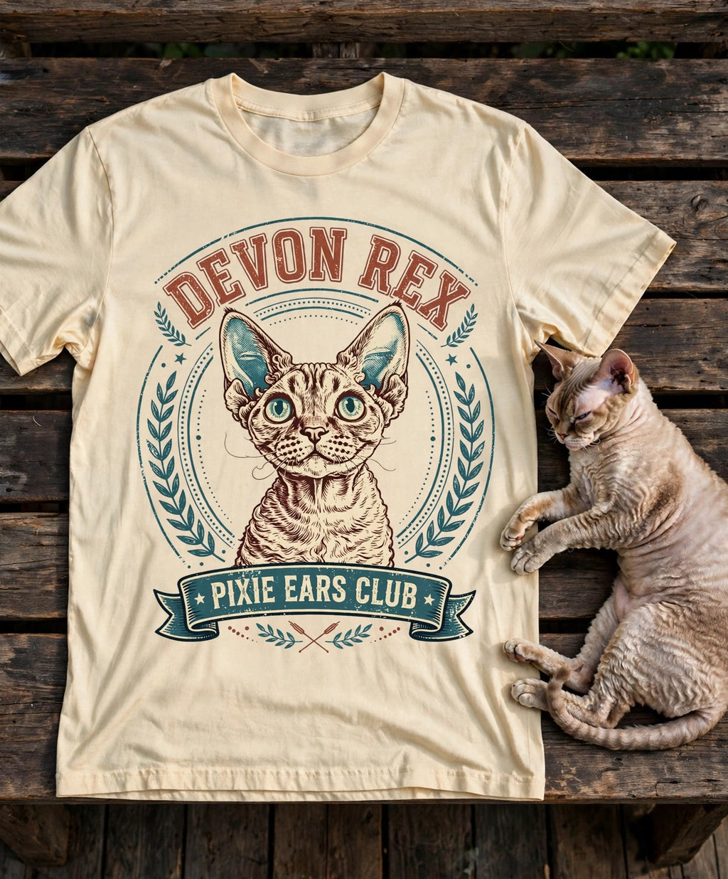 'Pixie Ears Club' Devon Rex T-Shirt in Butter