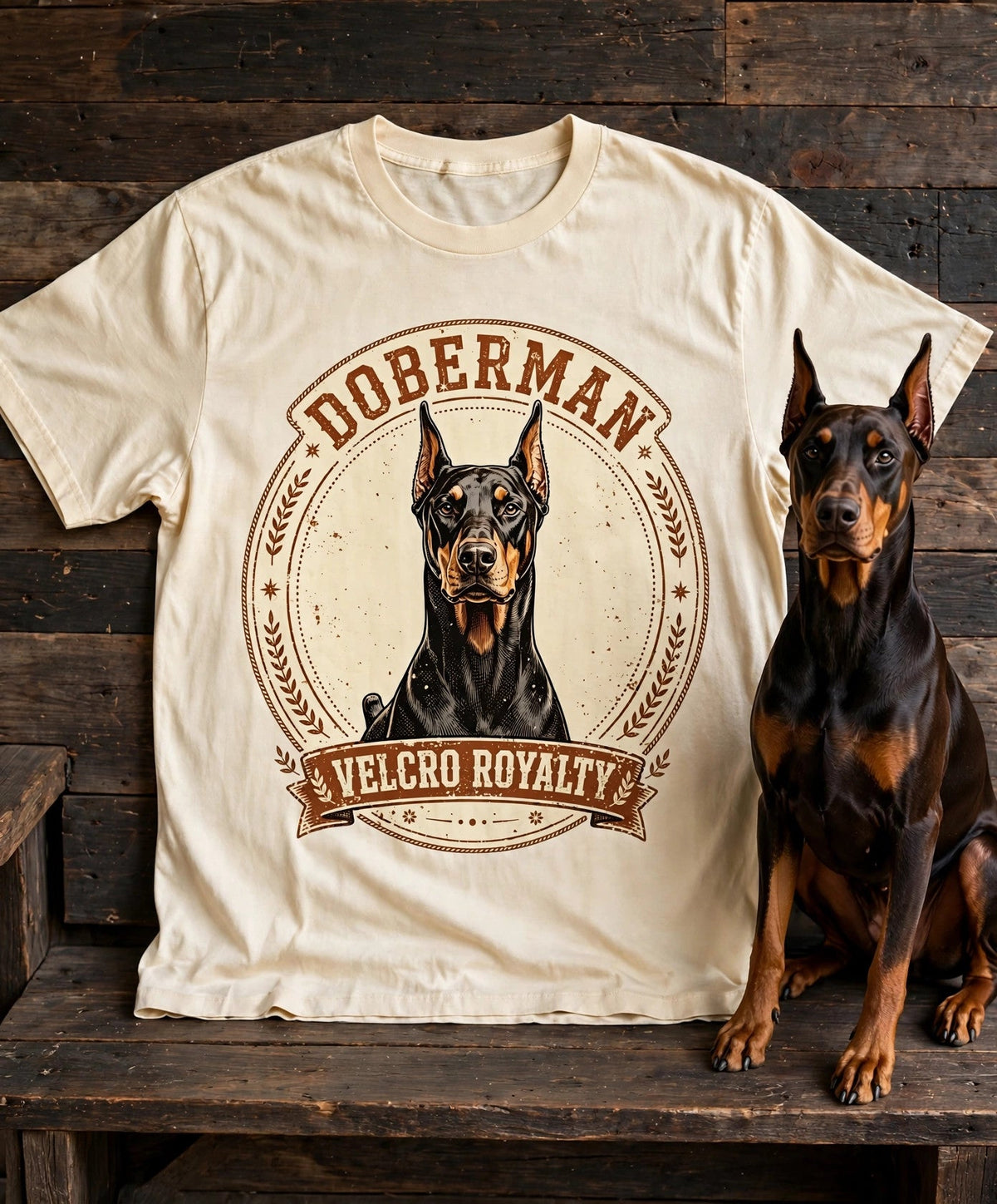 'Velcro Royalty' Doberman Pinscher T-Shirt in Butter