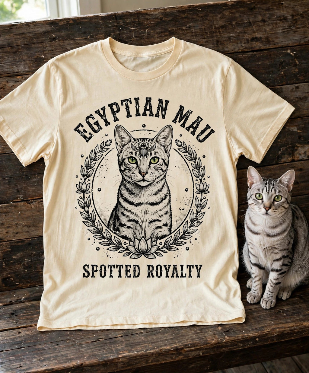'Spotted Royalty' Egyptian Mau Cat T-Shirt in Butter