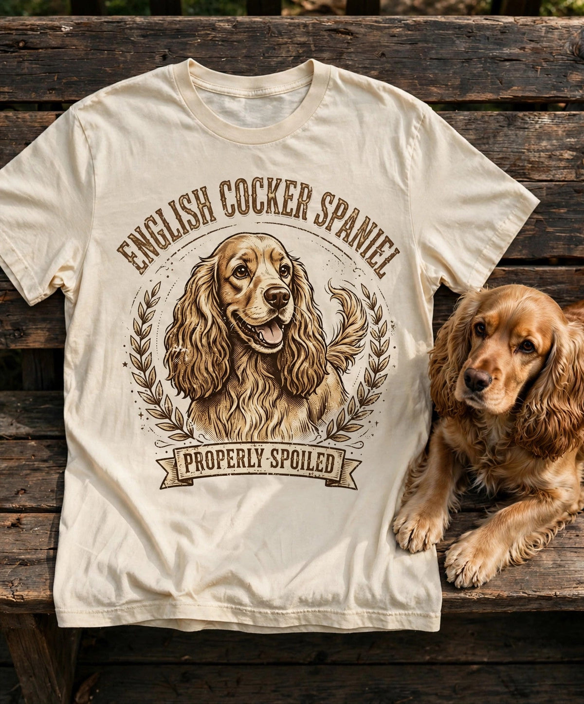 'Properly Spoiled' English Cocker Spaniel T-Shirt in Butter