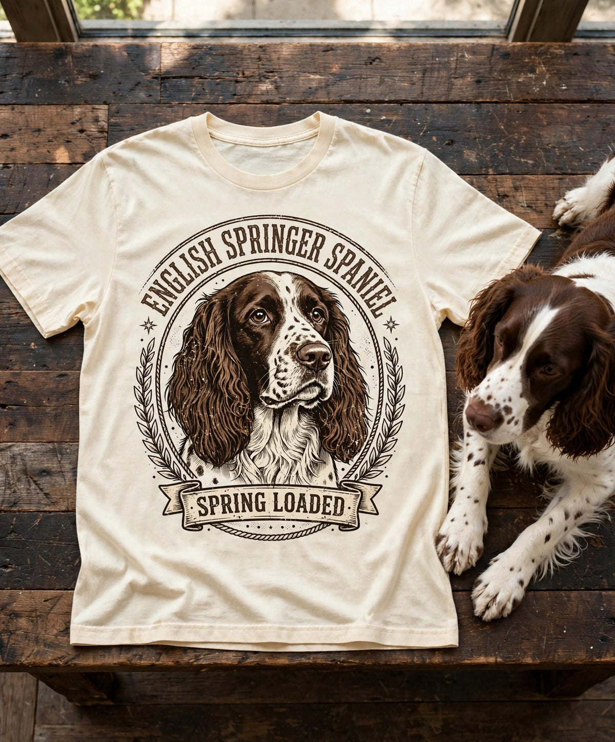 English Springer Spaniel Spring Loaded Tee — Comfort Colors fabric detail