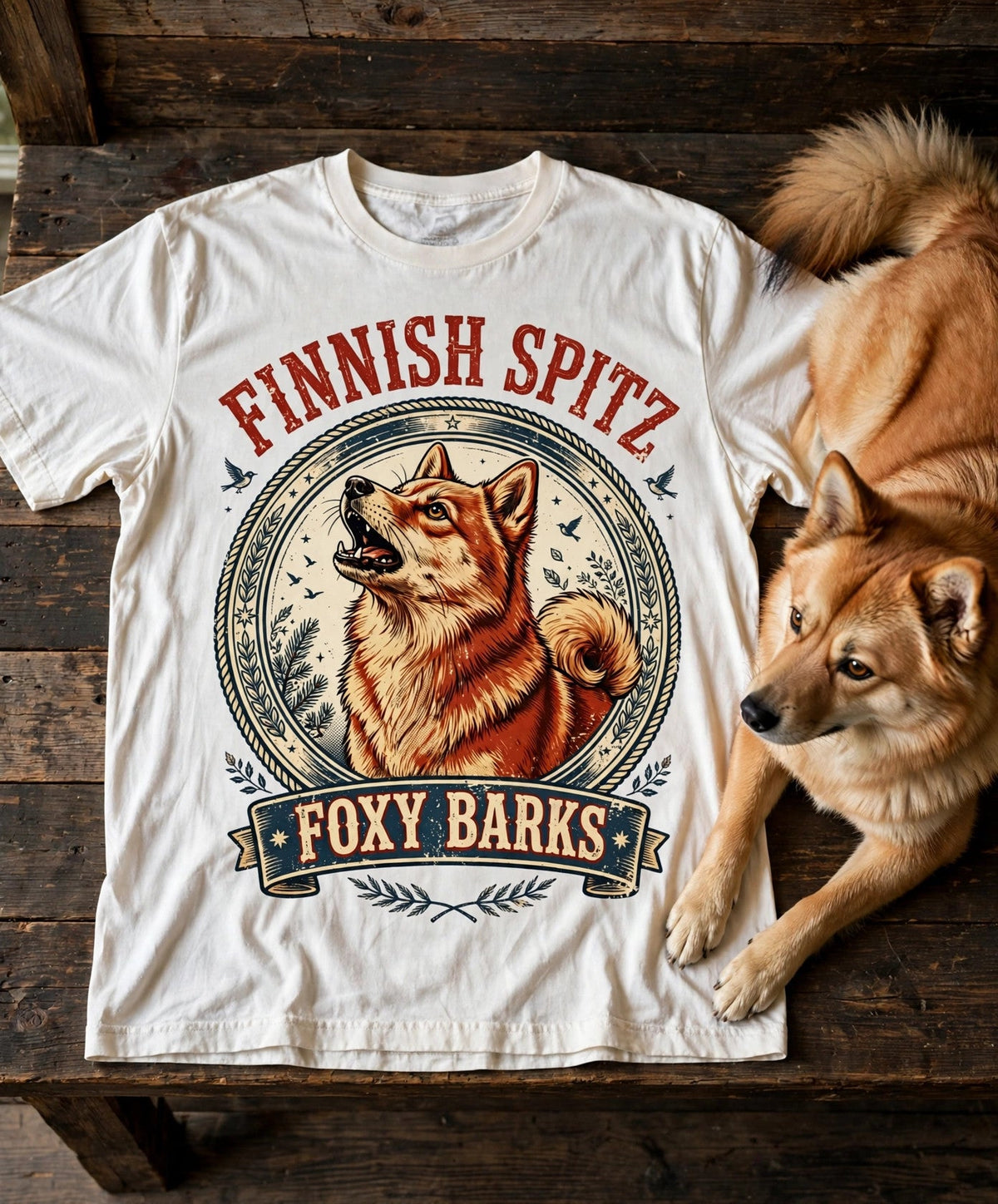 'Foxy Barks' Finnish Spitz T-Shirt in Butter