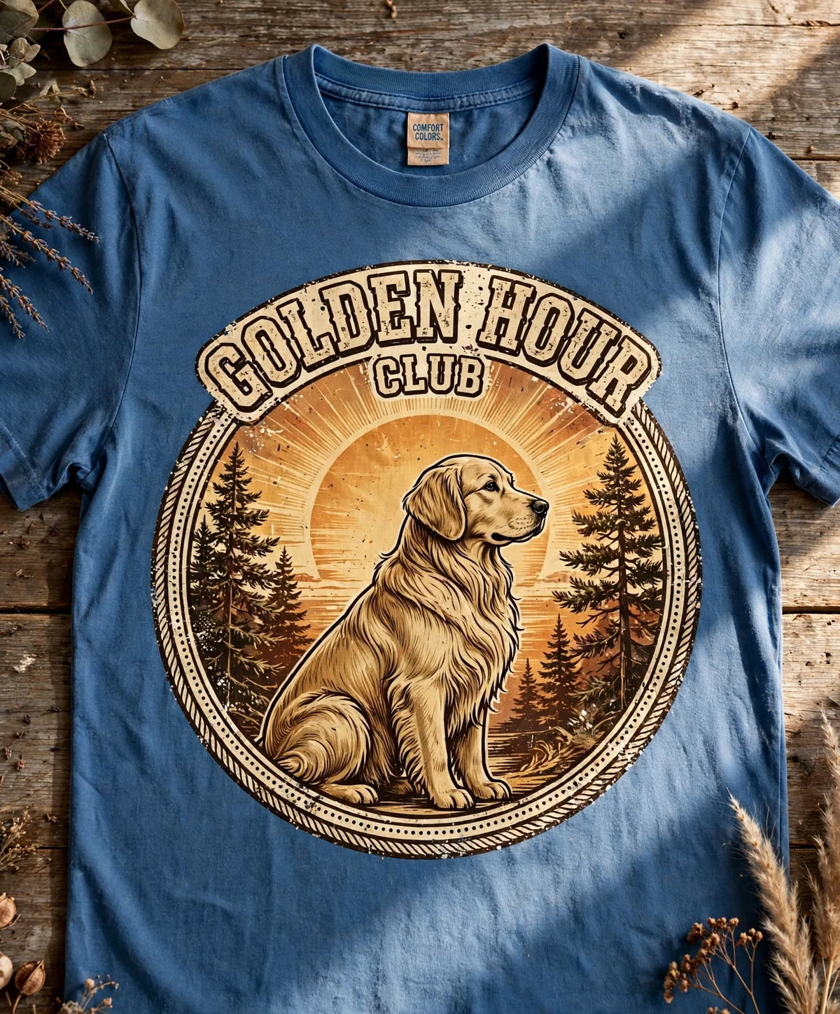 Golden Hour Club Golden Retriever Tee - Blue jean