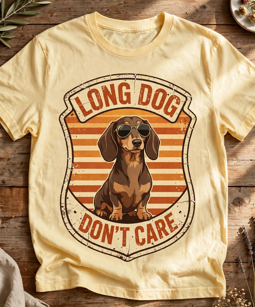 'Long Dog Don't Care' Dachshund T-Shirt in Butter