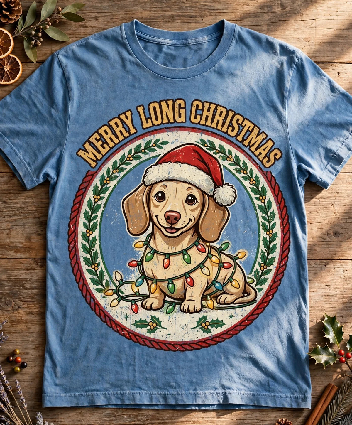 Merry Long Christmas Dachshund Tee - Blue jean