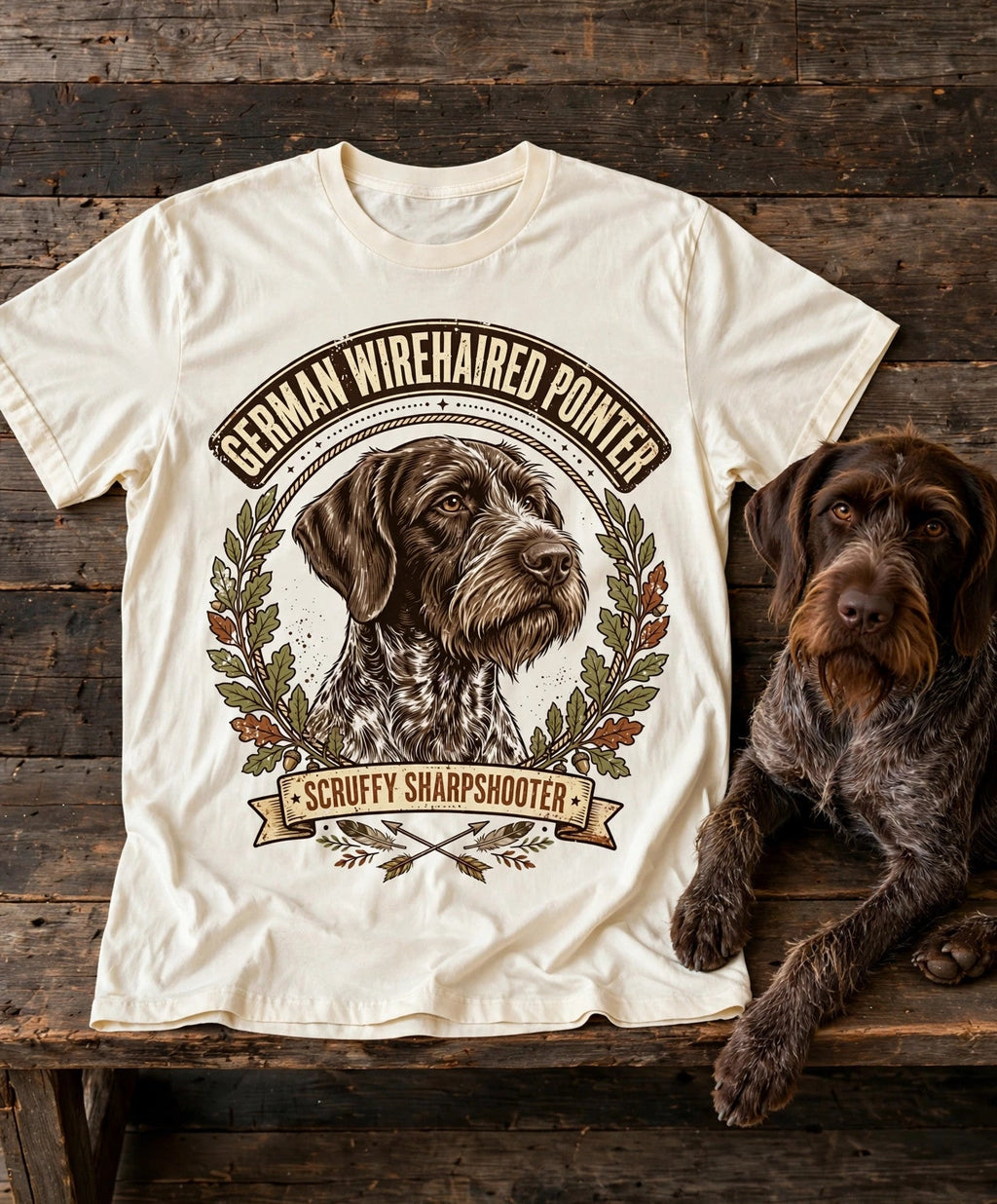 'Scruffy Sharpshooter' German Wirehaired Pointer T-Shirt in Butter