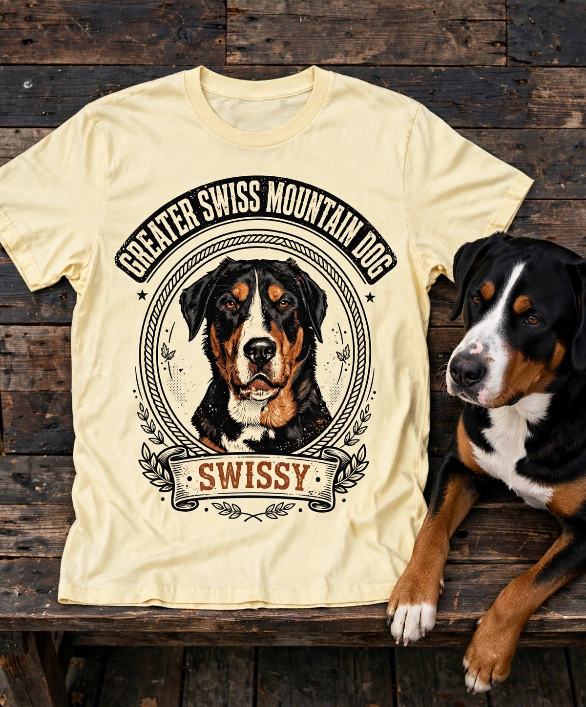 'Swissy' Greater Swiss Mountain Dog T-Shirt in Butter
