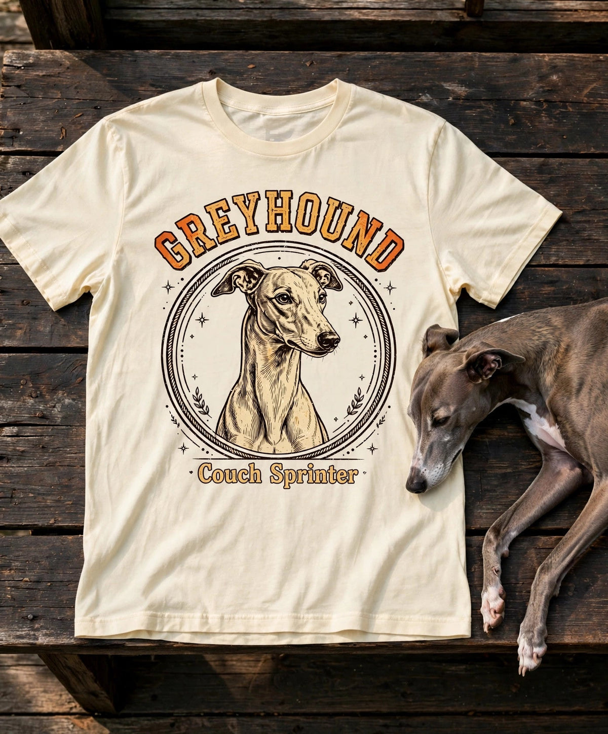 'Couch Sprinter' Greyhound T-Shirt in Butter