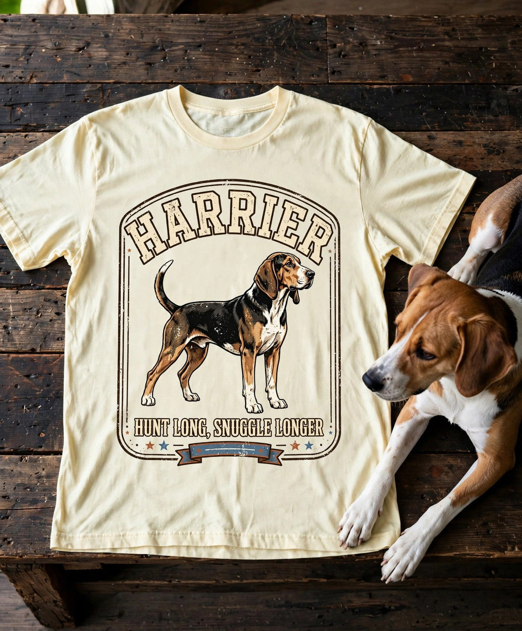 'Hunt Long, Snuggle Longer' Harrier T-Shirt in Butter