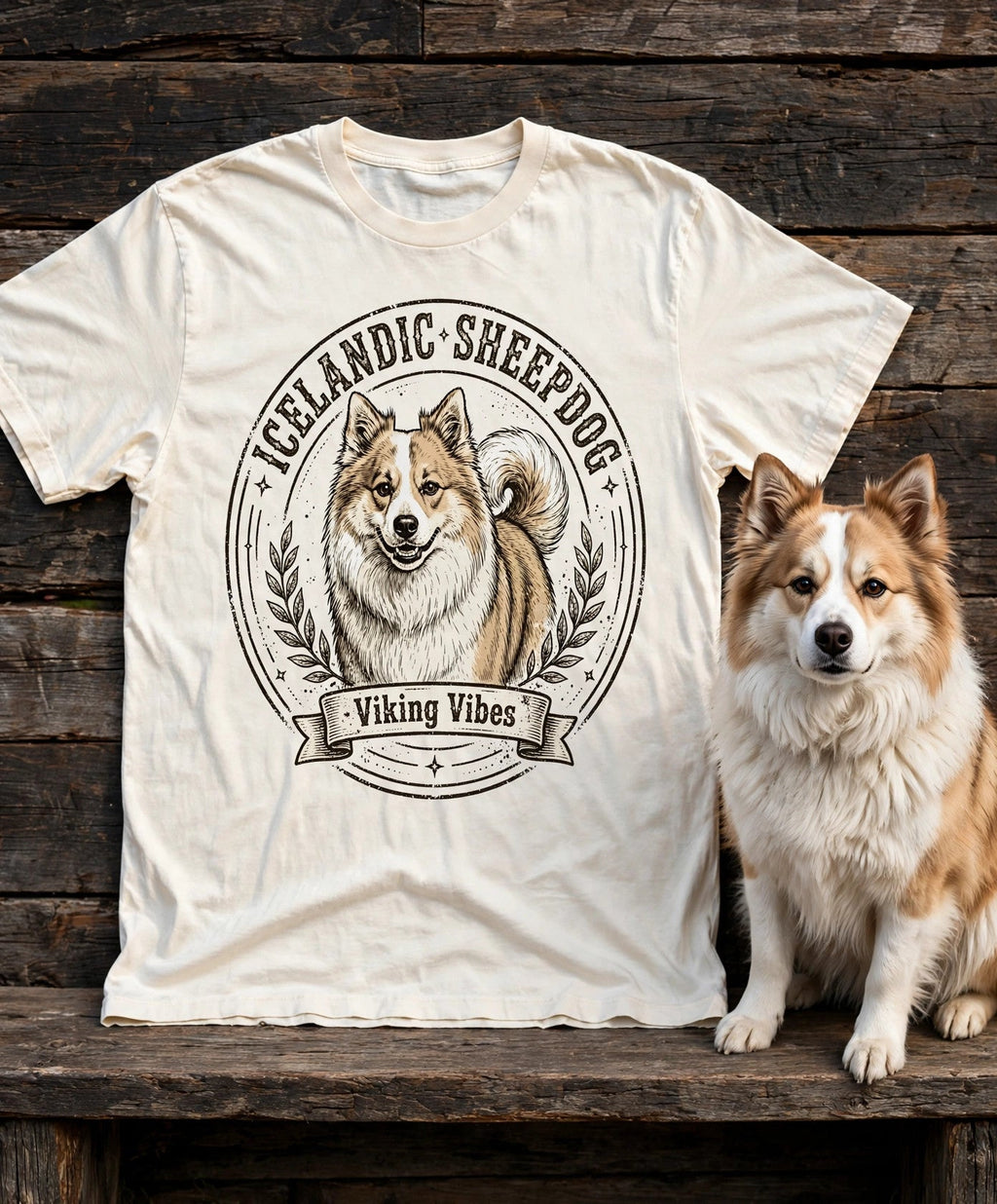 'Viking Vibes' Icelandic Sheepdog T-Shirt in Butter