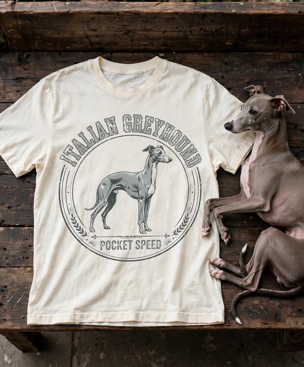 'Pocket Speed' Italian Greyhound T-Shirt in Butter