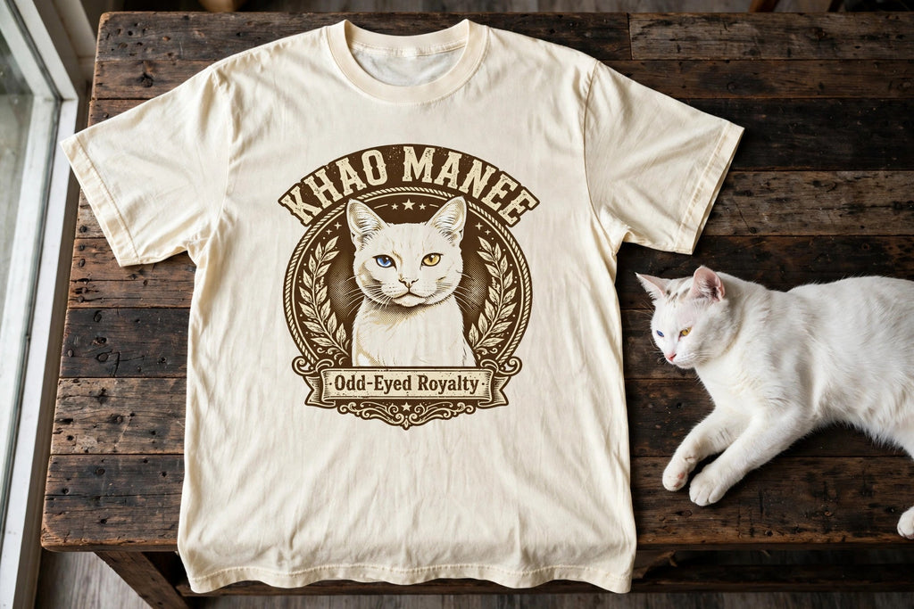 'Odd-Eyed Royalty' Khao Manee Cat T-Shirt — alternate view