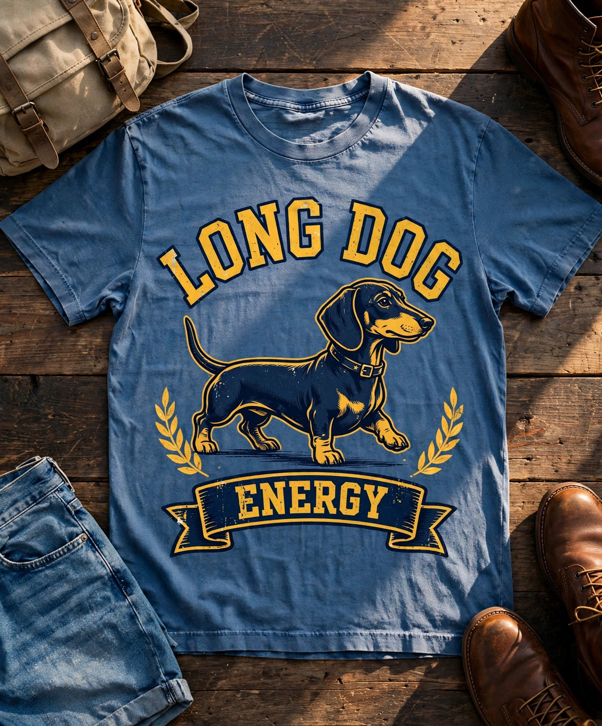 Long Dog Energy Dachshund Tee - Blue Jean flat lay